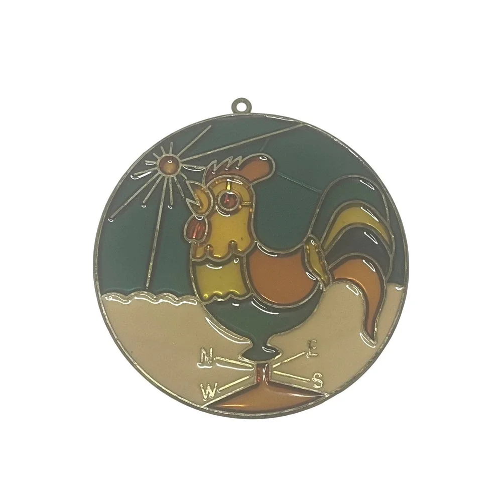 Stained Glass Rooster Sun‎ Catcher Window Decor Round Metal Frame